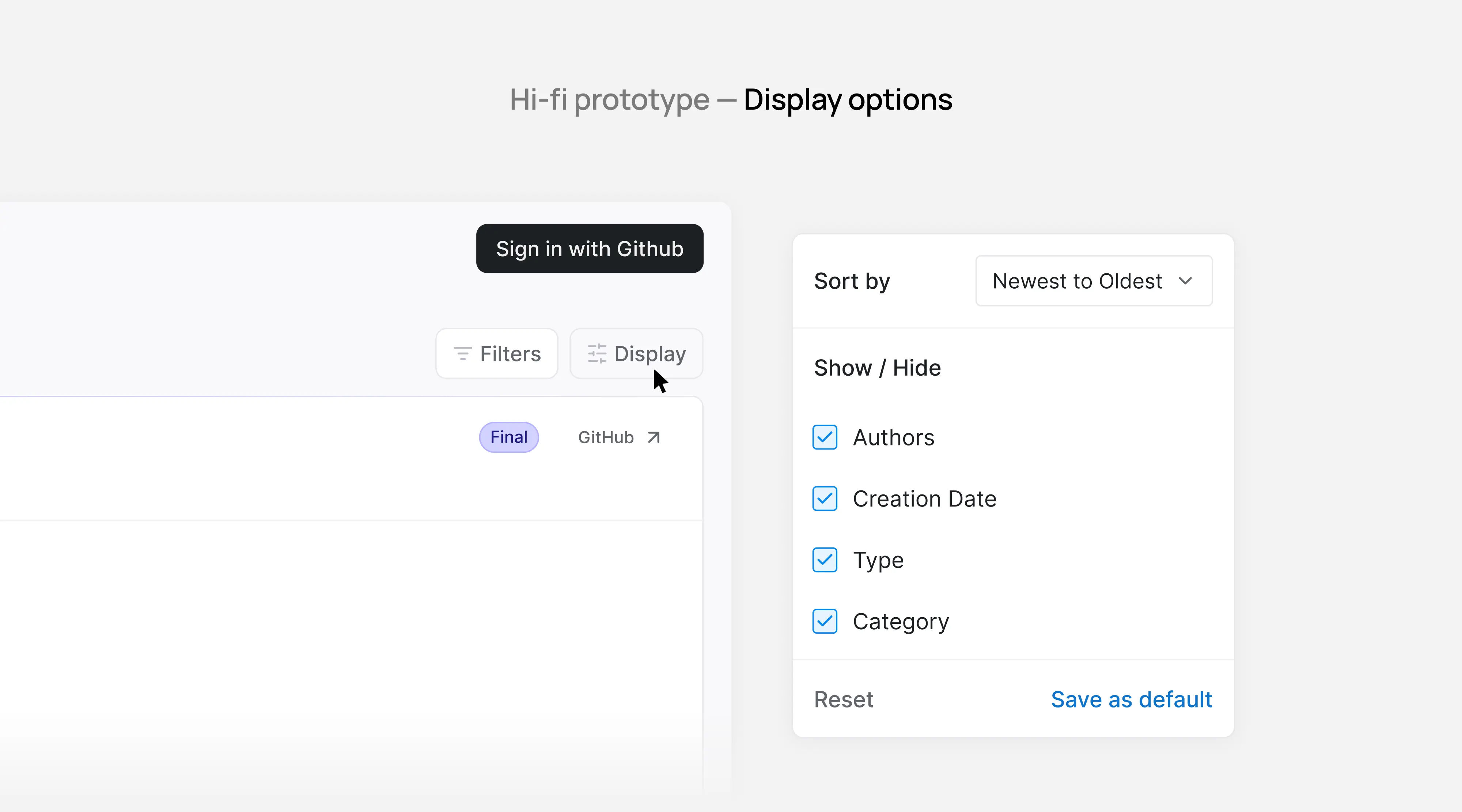 Customization options UI