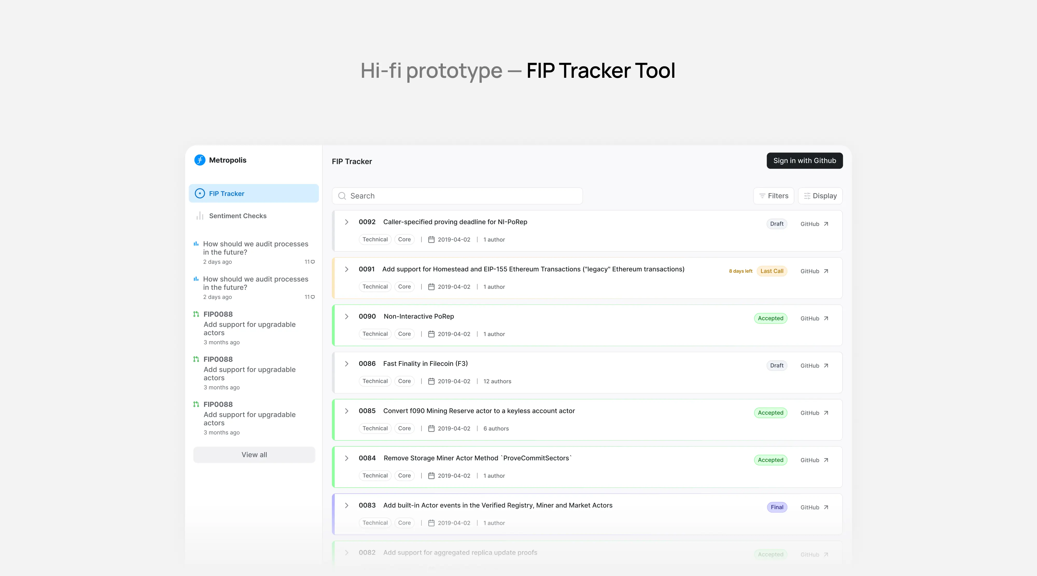 Screenshot of FIP Tracker filtering UI